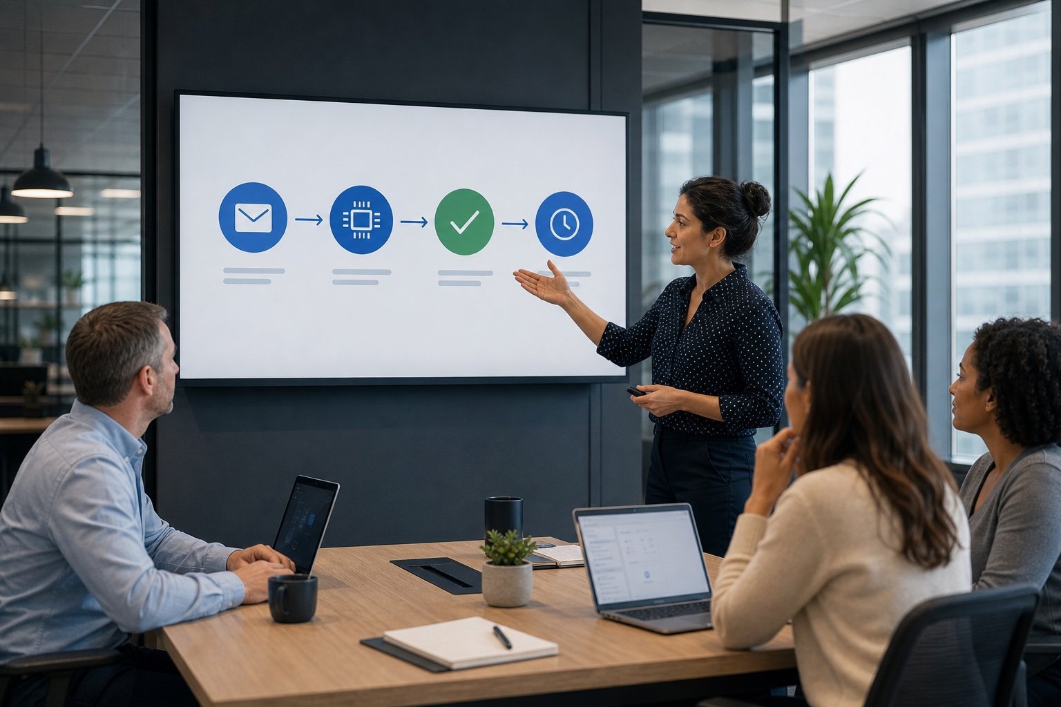 A woman presents to three seated colleagues in a meeting room, pointing at a wall screen showing a four-stage icon flow (message, processor chip, checkmark, clock) connected by arrows, with a skyline view and plants in the background.
